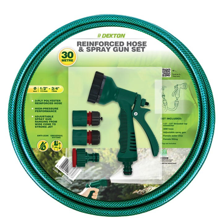 Dekton  Green 30 Metre Reinforced Hose & Spray Gun Set, Sports Direct