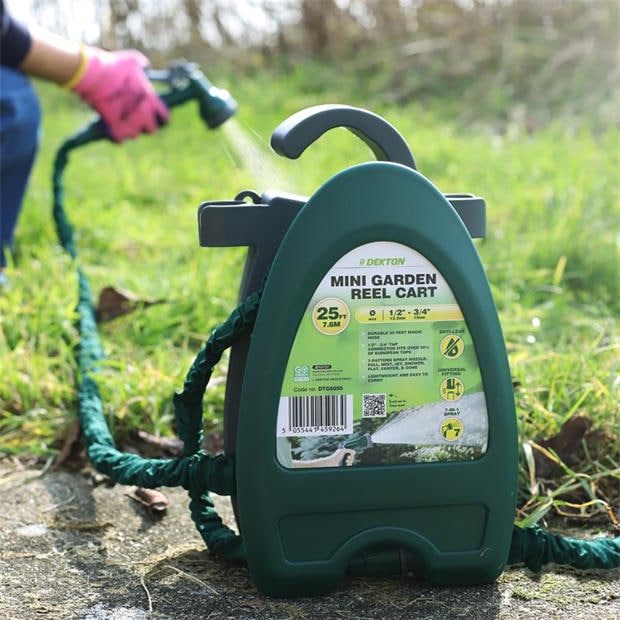 Green - Dekton - Garden Hose Reel Cart -  Dekton Mini Garden Reel Cart with 25ft Expandable Hose