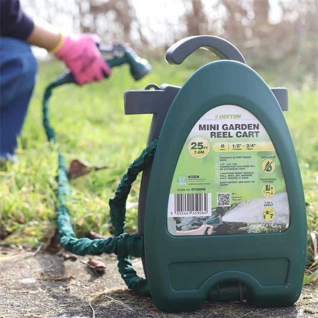 Green - Dekton - Garden Hose Reel Cart -  Dekton Mini Garden Reel Cart with 25ft Expandable Hose