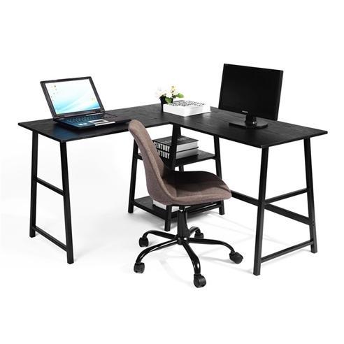 FurnitureR - DROGBA Black and Wooden L-shaped Desk with 2 shelves