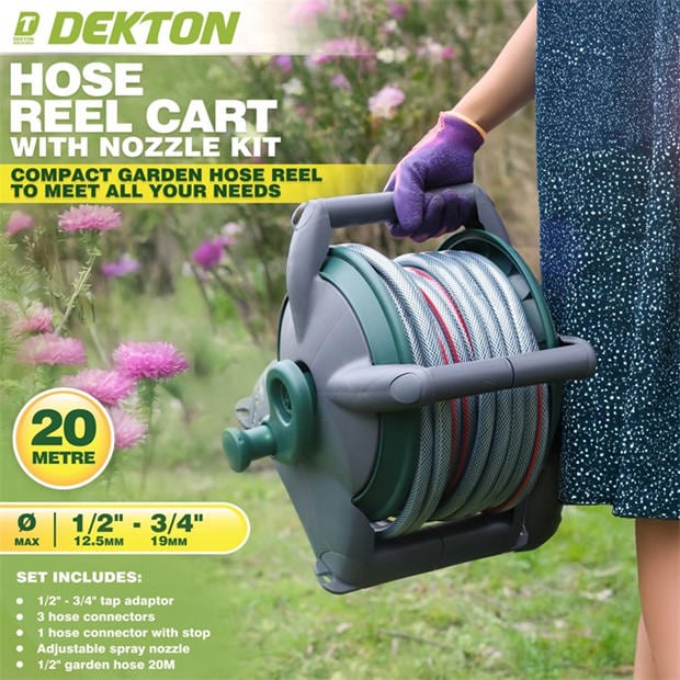 Grey - Dekton - 20M Hose Reel Cart With Nozzle Kit