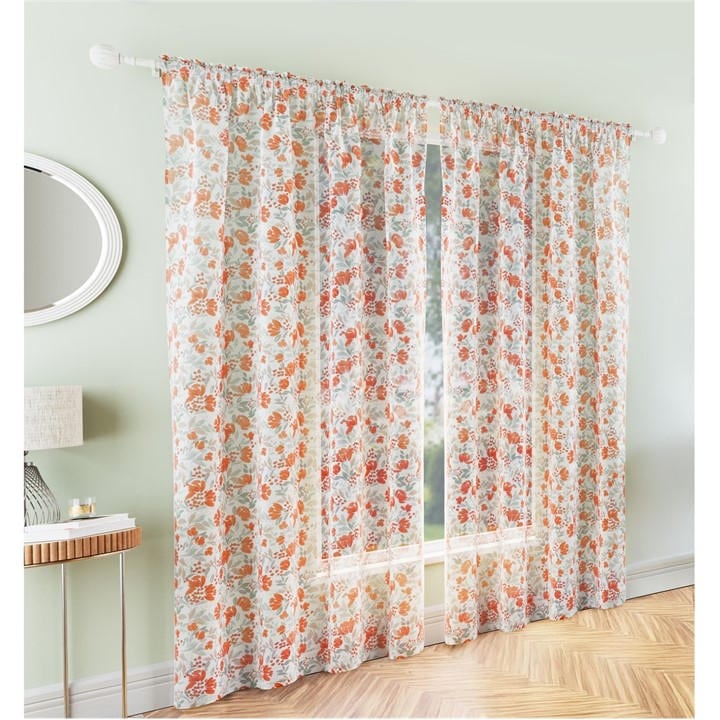 Tyrone Textiles  Orange Mia Floral Print Sheer Voile Panels - Pair in Size 140x229cm, Sports Direct