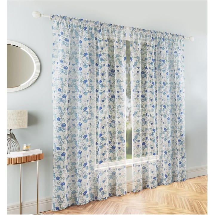 Tyrone Textiles  Blue Mia Floral Print Sheer Voile Panels - Pair in Size 140x137cm, Sports Direct