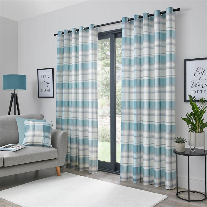 Fusion  Blue Balmoral Check Cotton Eyelet Curtains In Duck Egg in Size L, Sports Direct