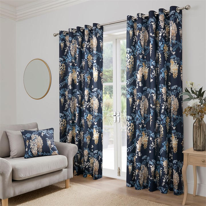 Dreams And Drapes  Blue Wisteria Cotton Eyelet Curtains In Navy, Sports Direct
