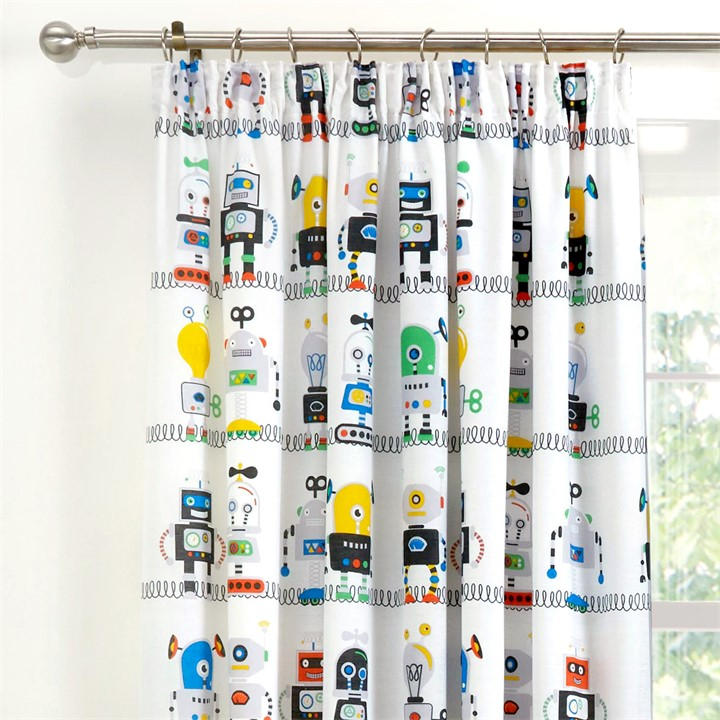 Bedlam Unisex Blue Robots Kids Bedroom Pencil Pleat Curtains In 66X72 Inch