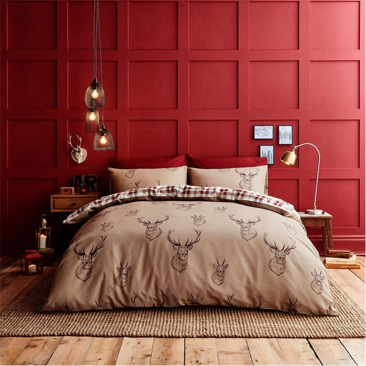 Catherine Lansfield  Beige Stag Check Reversible Duvet Cover Set Soft in Size Single, Sports Direct