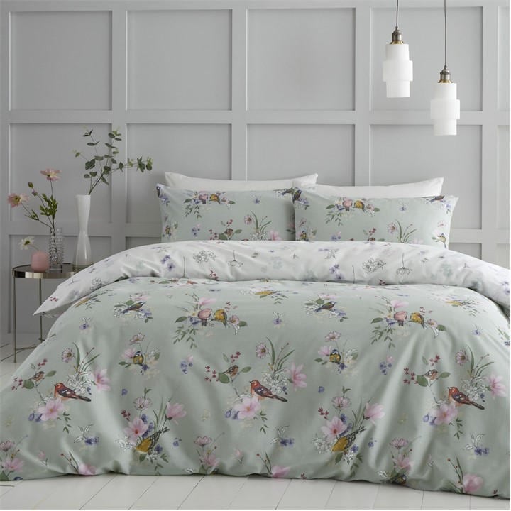 Catherine Lansfield  Green Songbird Reversible Duvet Cover Set in Size Single, Sports Direct