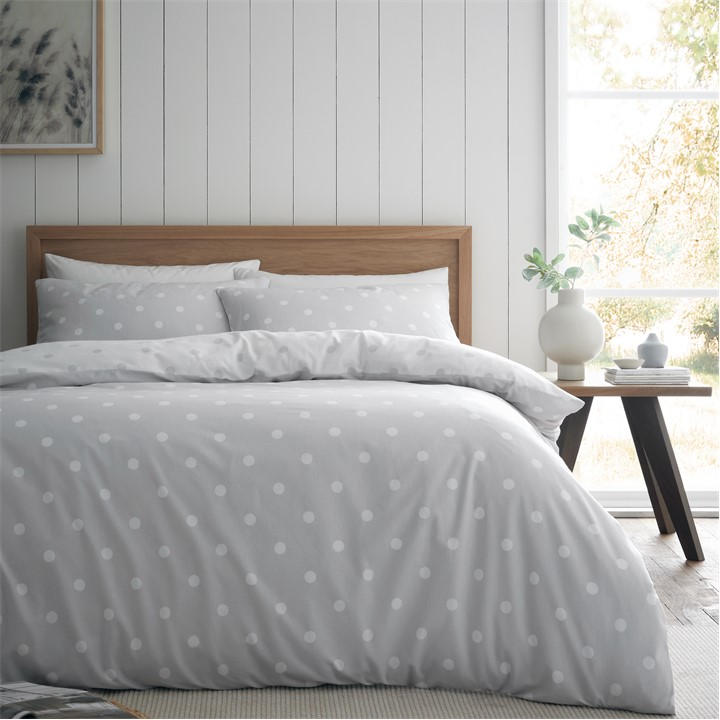 Catherine Lansfield  Grey Brushed Polka Dot Cotton Duvet Cover Set in Size King, Sports Direct