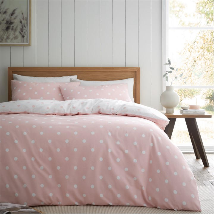 Catherine Lansfield  Pink Brushed Polka Dot Cotton Duvet Cover Set in Size King, Sports Direct