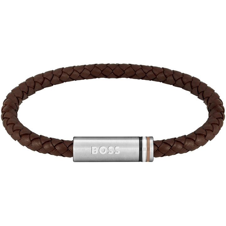 Boss Men's Silver Ares Single Magnetic Closure Single-Wrap Leather Bracelet, Sports Direct