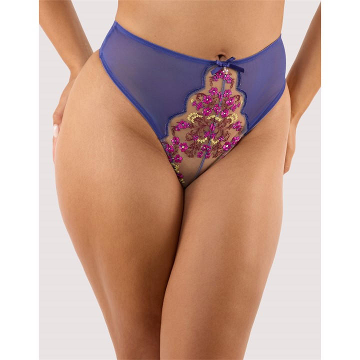 Playful Promises Women's Blue Thea Baroque Embroidery High Waist Thong Medium