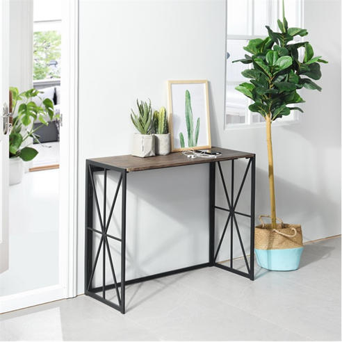 FurnitureR - Folding Console Table – Industrial Desk with Rustic Wood Top