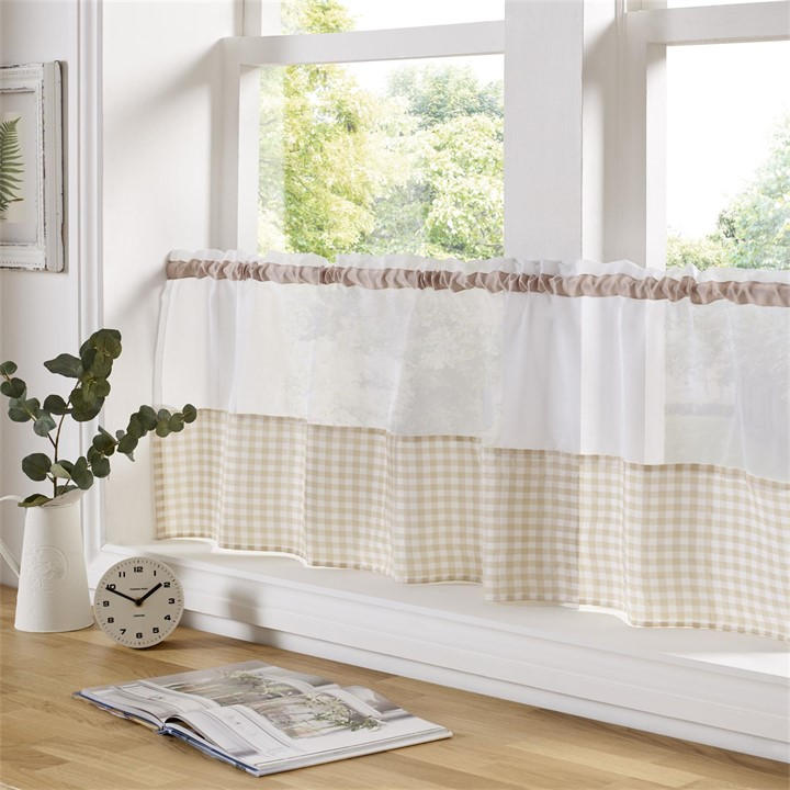 Alan Symonds  Beige Gingham Cafe Slot Top Curtain Panel in Size 150x60cm, Sports Direct