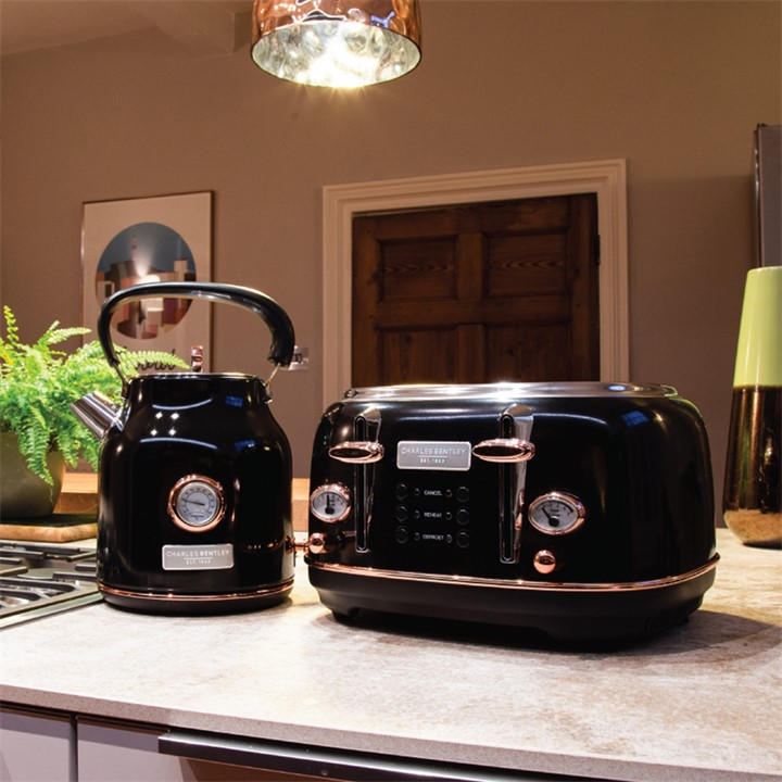 Charles Bentley Unisex Black 1.7L Kettle & 4 Slice Toaster Set & Rosegold