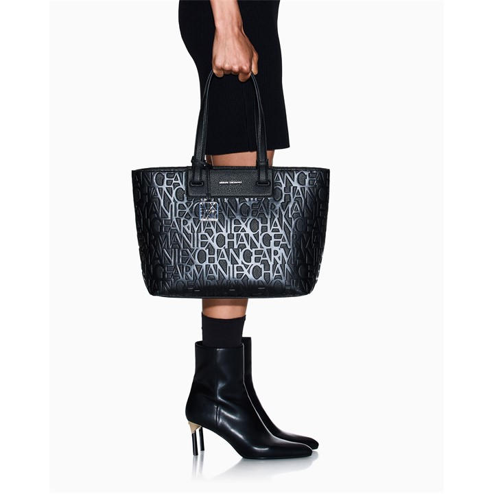 Armani Exchange Liz Textured Logo Medium Shopper Bag - Black - Image 5