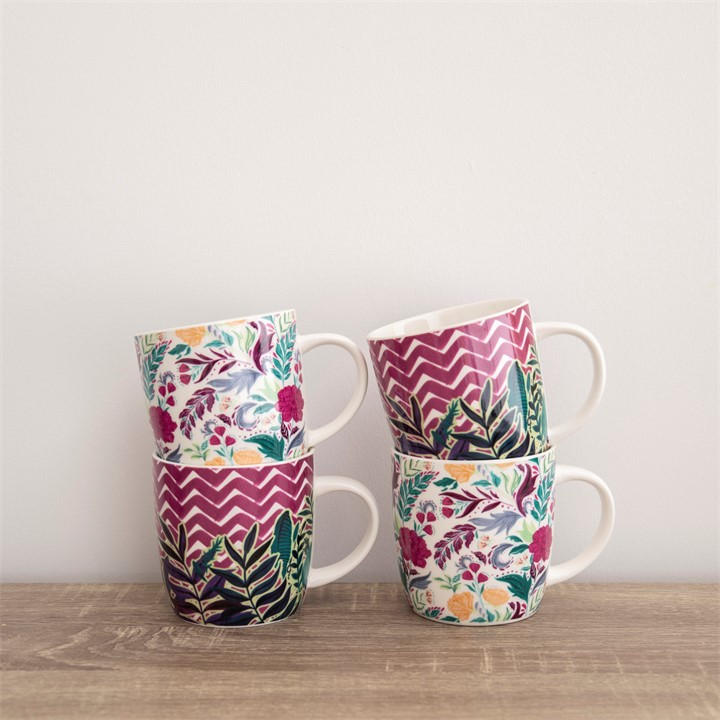 KitchenCraft Exotic Floral Set of 4 Stoneware Barrel Coffee Mugs 425ml - Image 7