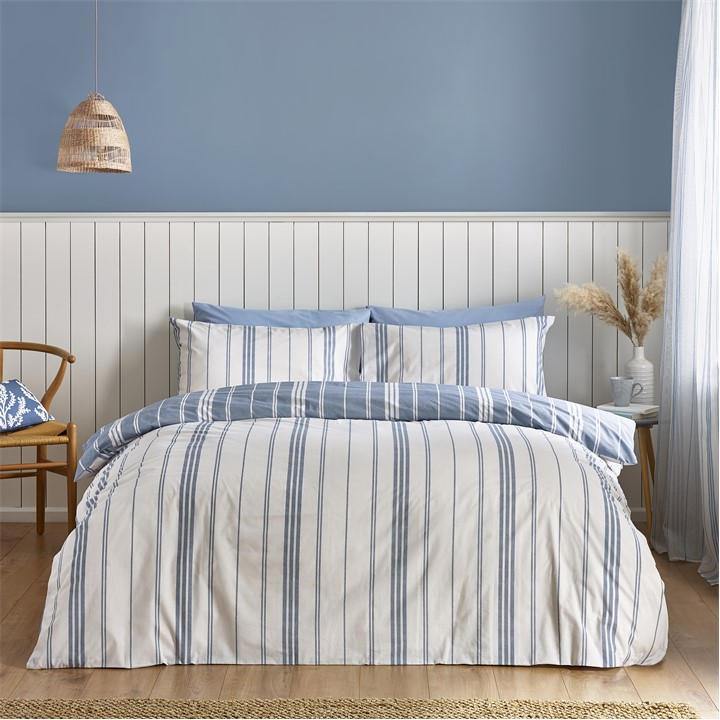 Catherine Lansfield Unisex Blue Harbour Stripe Reversible Duvet Cover Set