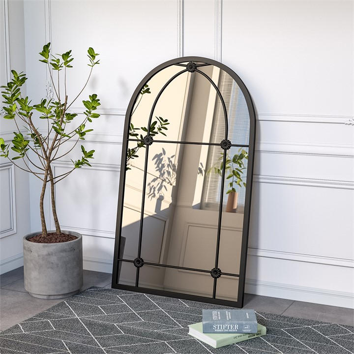 Life Ideas  Black Arched Wall Hanging Metal Windowpane Mirror, Sports Direct