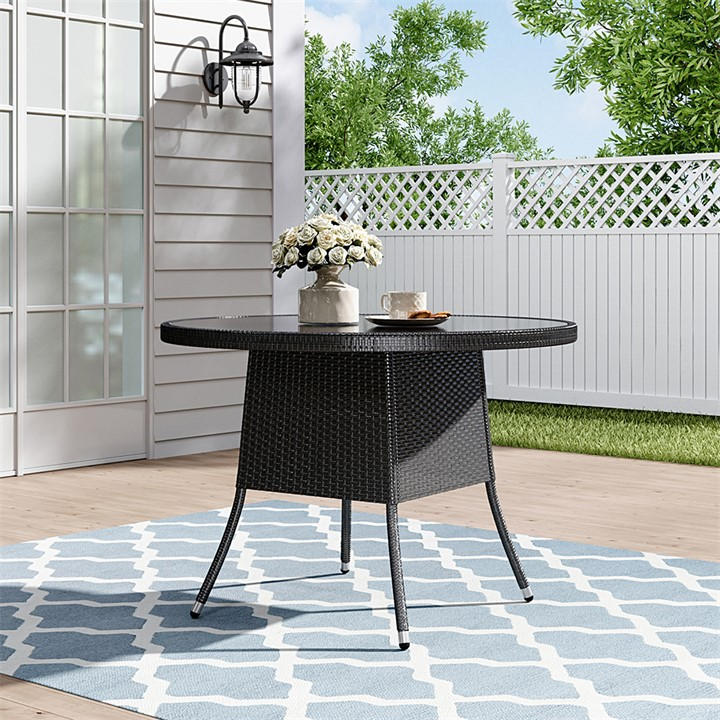 Breeins  Black Wicker Table With Tempered Glass & Hole, Sports Direct