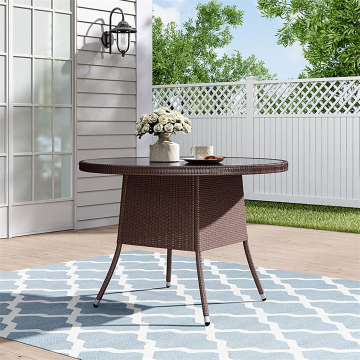 Breeins  Brown Wicker Table With Tempered Glass & Hole, Sports Direct