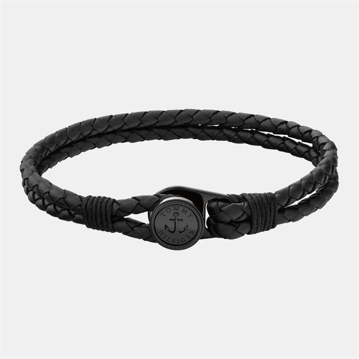 Tommy Hilfiger Men's Black ’S Nautical Leather Bracelet, Sports Direct