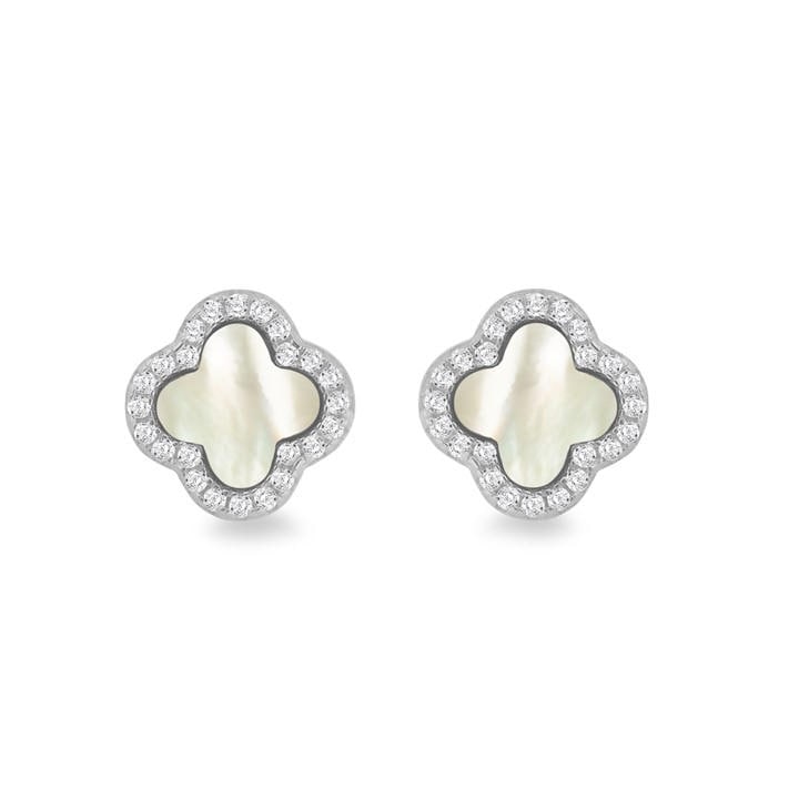 Be You Women's Silver Sterling Clover Mother Of Pearl & Cz Studs, Sports Direct
