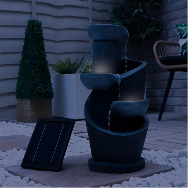 Grey - Streetwize - Solar Water Feature with Battery Backup - Tiered Slate-Effect Cascade
