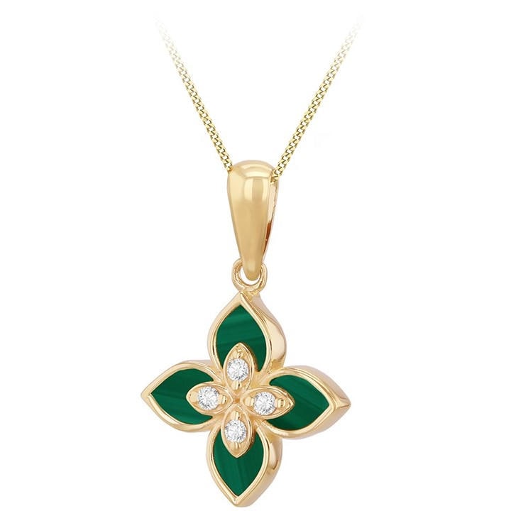 Be You Women's Gold 9Ct Synthetic Malachite Cz Clover Necklace, Sports Direct