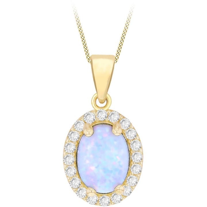 Be You Women's Gold 9Ct Oval Synhetic Opal Halo With Cz Necklace
