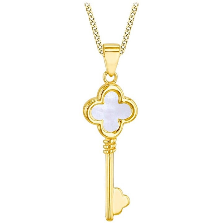 Be You Women's Gold 9Ct Mother Of Pearl Clover Key Necklace, Sports Direct