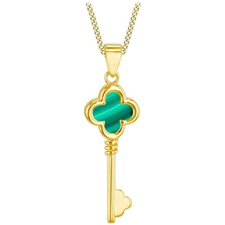 Be You Women's Gold 9Ct Malachite Clover Key Necklace, Sports Direct