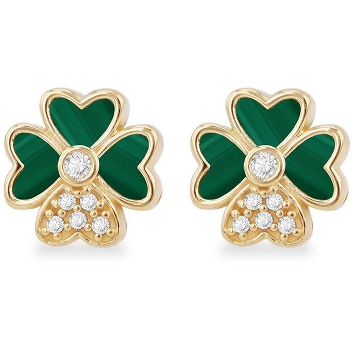 Be You Women's Gold 9Ct Synthetic Malachite Cz Clover Earring, Sports Direct