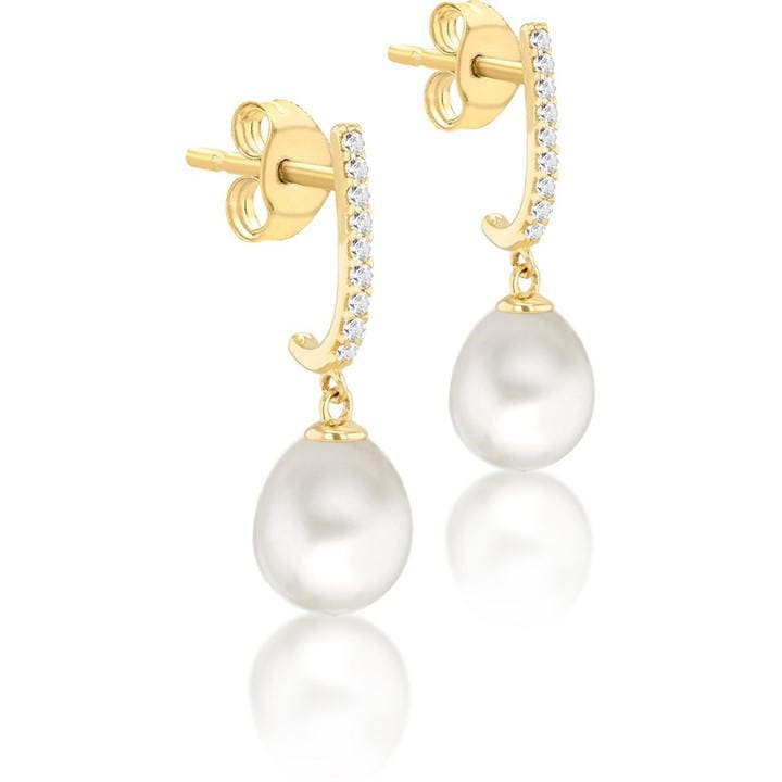 Be You Women's Gold 9Ct Fresh Water Pearls Czs Drop Stud Earrings, Sports Direct