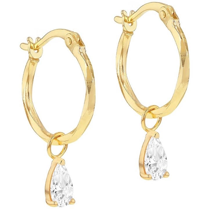 Be You Women's Gold 9Ct Pear Cz Diamond Cut Creole Hoop Earring, Sports Direct
