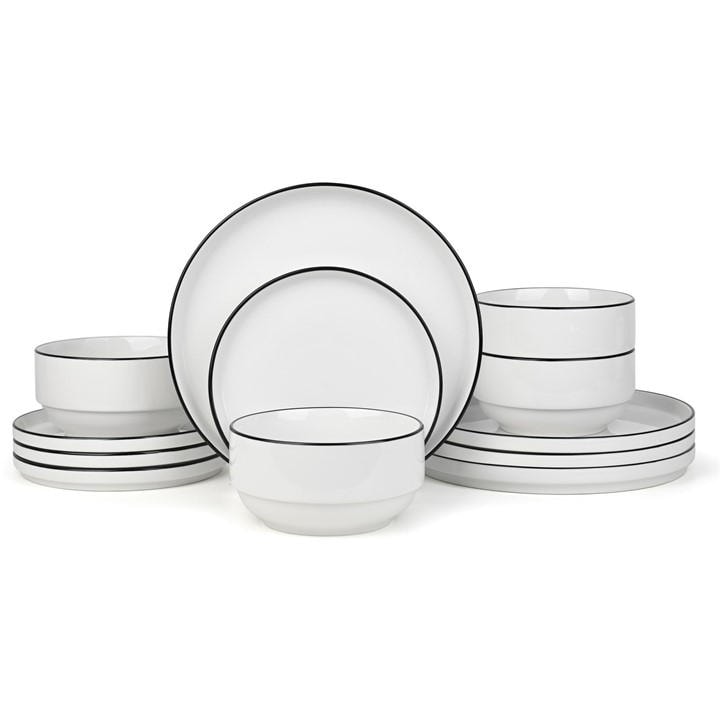 Waterside   12Pc Stackable White With Black Rim Dinner Set, Sports Direct