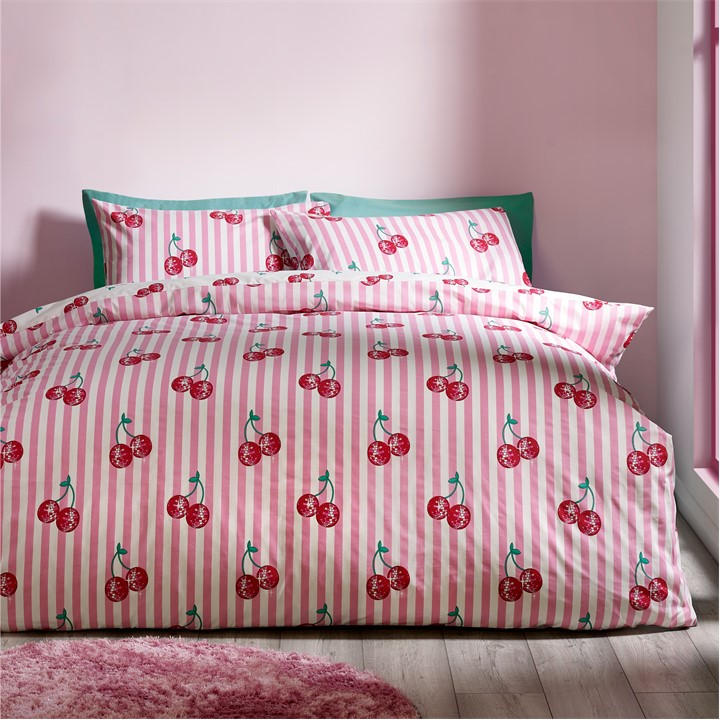 Catherine Lansfield  Pink Disco Cherries Stripes Reversible Duvet Cover Set in Size Single, Sports Direct