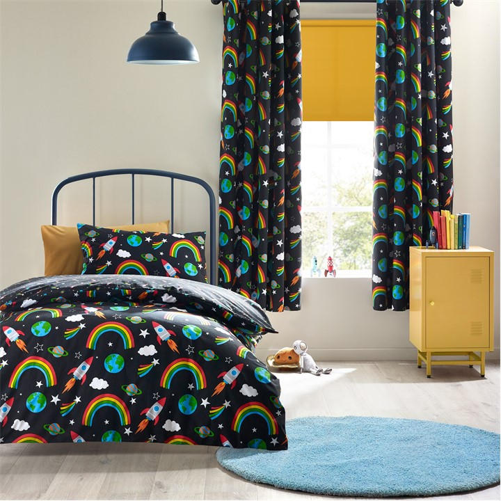 Catherine Lansfield  Kids Black Rainbow Rockets Reversible Duvet Cover Set in Size Junior, Sports Direct