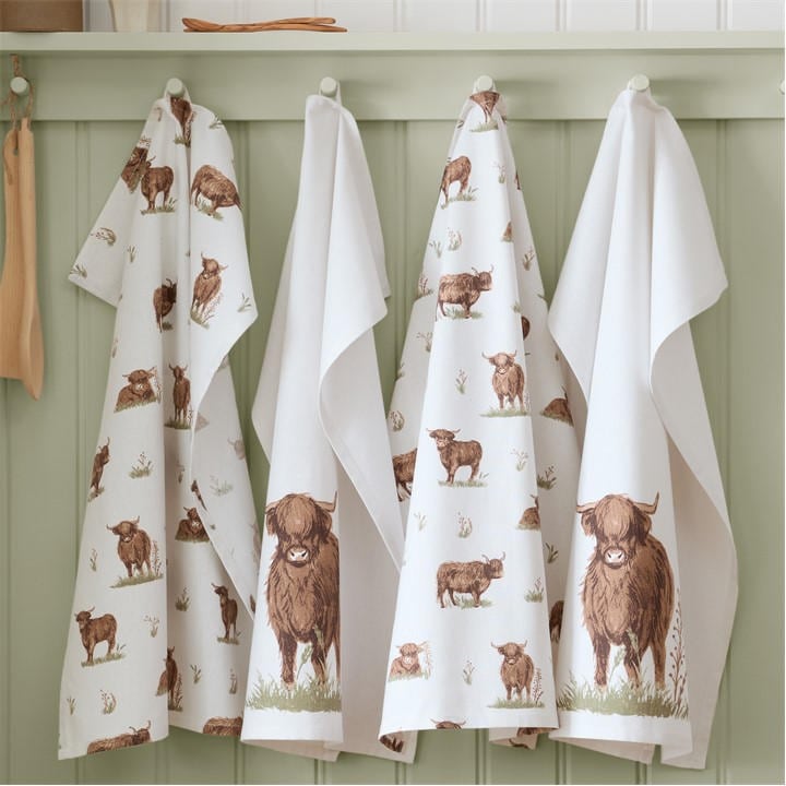 Catherine Lansfield Beige Angus Highland Cow Kitchen Tea Towel Pack Of 4 in Size 50x70cm, Sports Direct