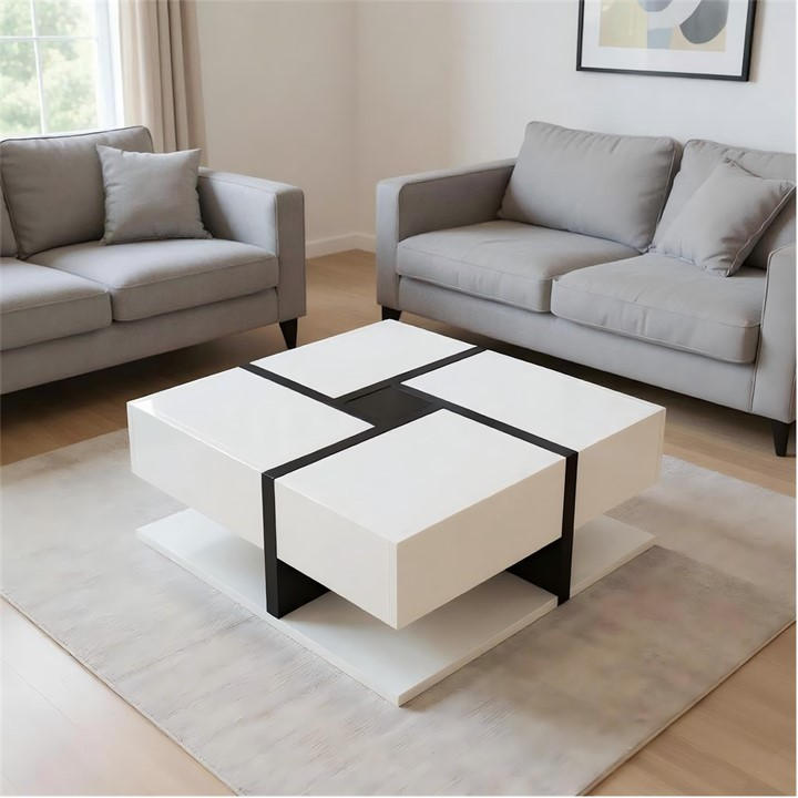 Urban Meuble  White Square Coffee Table With Storage Drawers, Sports Direct