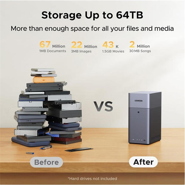 Black - UGREEN - DH2300 Plus Grey Diskless UK + HDMI Cable - NAS (Network Attached Storage) drive