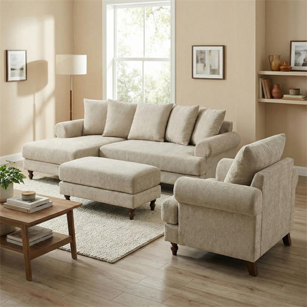 Biege Chenille - Biba - Freddy L Shaped Corner Chenille Sofa
