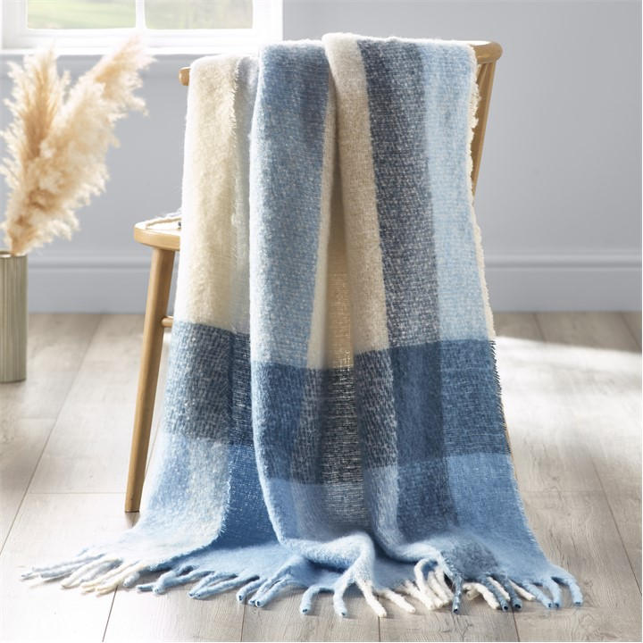 Catherine Lansfield Blue Faux Mohair Check Sofa Throw, Sports Direct