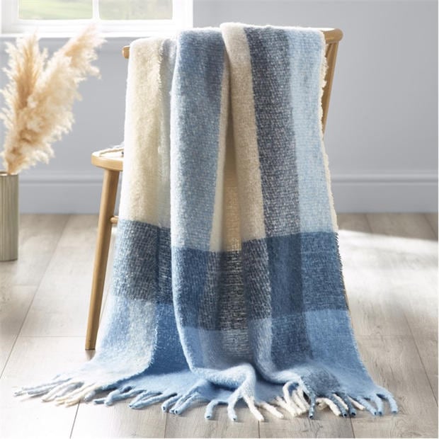 Blue - Catherine Lansfield - Faux Mohair Check Sofa Throw