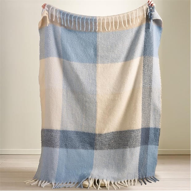 Blue - Catherine Lansfield - Faux Mohair Check Sofa Throw