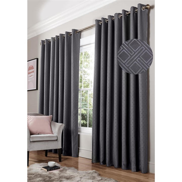 Alan Symonds  Grey Diamond Blackout Ring Top Curtains, Sports Direct