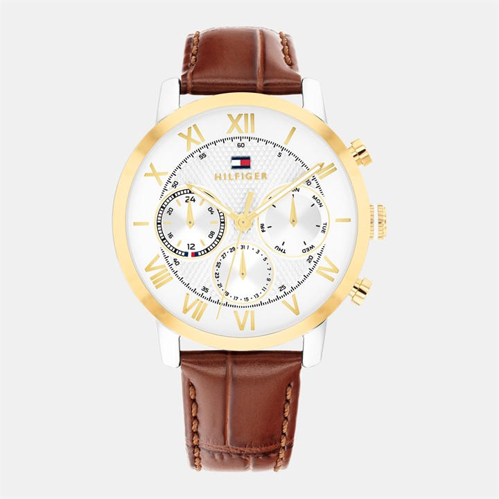 Tommy Hilfiger Men's Gold Brown Leather Strap Watch in Size 42, Sports Direct