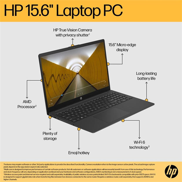 Black - HP - HP 15-FC0045NA 15 Inch Laptop - AMD Ryzen 3 7320U 8GB 256GB SSD