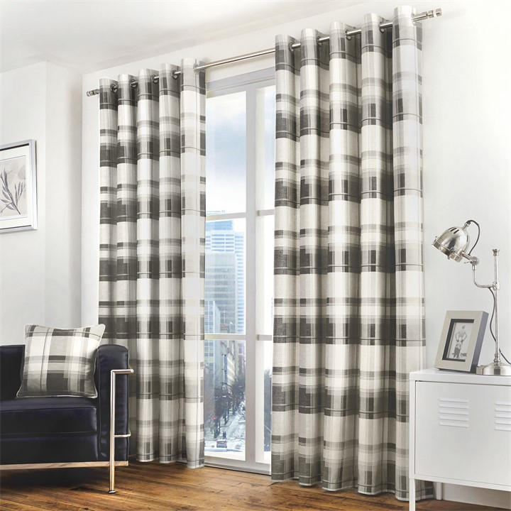 Fusion  Grey Balmoral Check 100% Cotton Pair Of Eyelet Curtains, Sports Direct