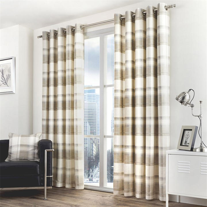Fusion  Beige Balmoral Check 100% Cotton Pair Of Eyelet Curtains, Sports Direct